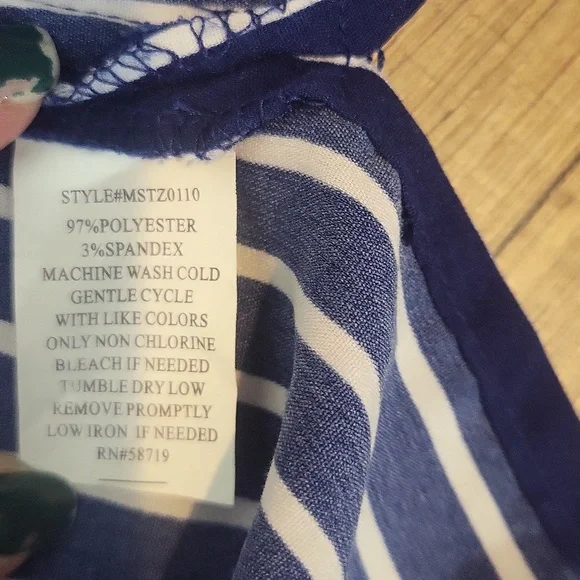 CORAL BAY Blue White Stripe Roll-Tab Pocket Blouse - Picture 11 of 12